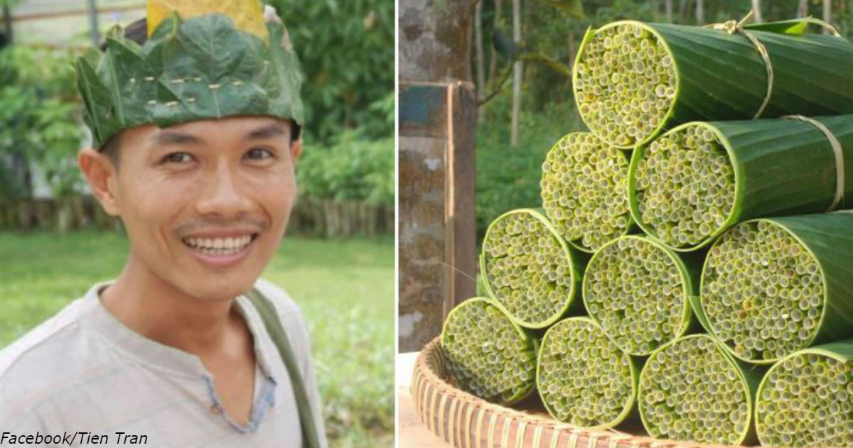 Фермер из Вьетнама делает соломинки из дикой травы
