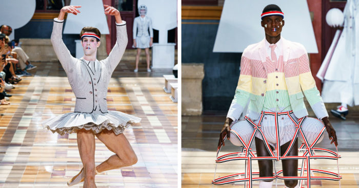 На Парижской неделе моды представлена мужская коллекция и там есть юбки, платья, мячи и сумка такса