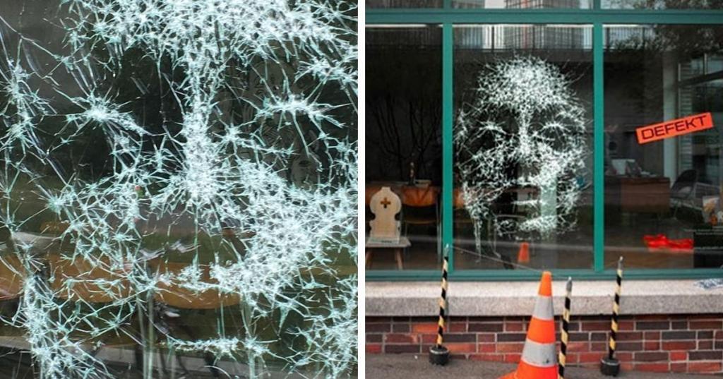 Творческое  хулиганство : художник из Швейцарии создал картину на разбитом стекле
