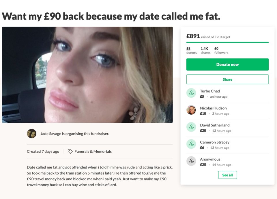 Девушка решила вернуть деньги, потраченные на неудачное свидание, через сайт пожертвований. Пользователи поддержали ее и собрали почти в 10 раз больше