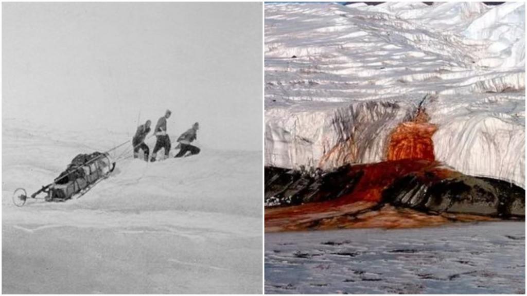 Первооткрыватель мертвых вод хонкай где находится. Кровавый водопад в Антарктиде. Ледник Тейлора Кровавый водопад. Кровавый вулкан Антарктида. Кровавая река в Антарктиде.