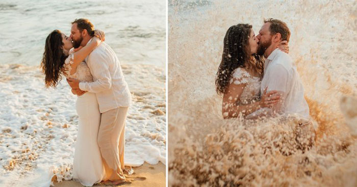 Идеальный свадебный снимок: молодые решили сделать фотосессию на берегу моря, и даже набежавшая волна не смутила их