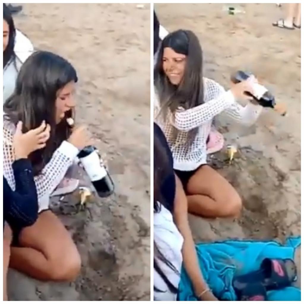 Ни у кого из отдыхающих не было с собой штопора, тогда девушка открыла бутылку вина необычным способом: видео