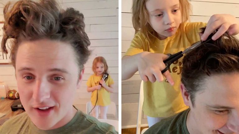 Мужчина из за карантине не мог пойти в парикмахерскую постричься: ему на выручку пришла 4 летняя дочь (видео)