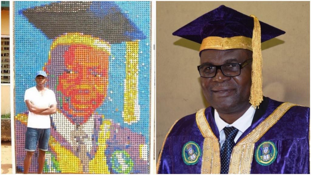 Студент Университета Бенина создал портрет своего ректора: для этого ему понадобилось более 6 000 крышек от бутылок