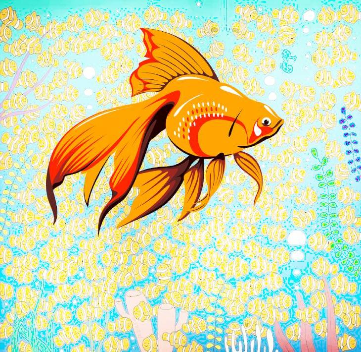 Художник спрятал на картинке золотую рыбку среди рыбок клоунов, найти ее может не каждый