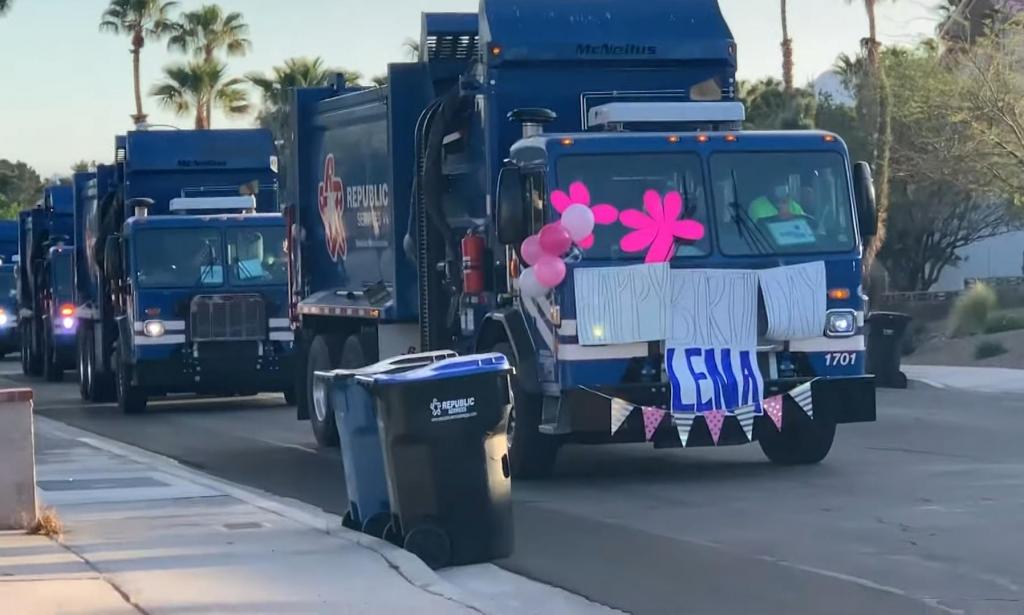 Парад машин: водители приготовили уникальный подарок к дню рождения девочки, обожающей мусоровозы (видео)