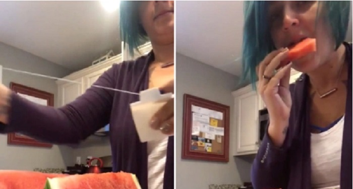 Женщина показала, как нарезать арбуз за считаные секунды, используя зубную нить