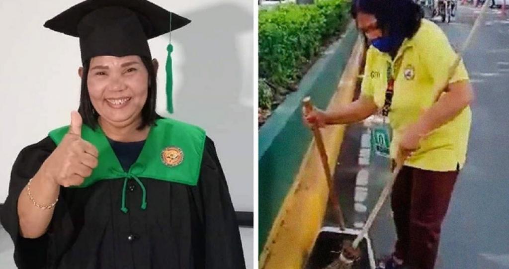 55-летняя филиппинка, мать семерых детей, получила высшее образование, работая дворником