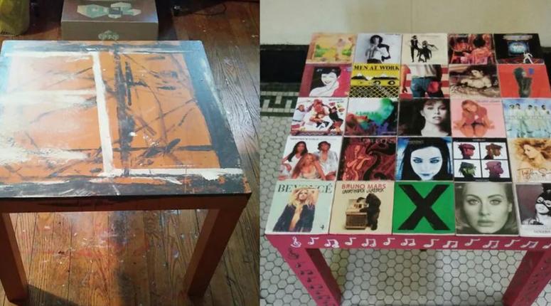 Муж принес с работы старый стол, распечатал обложки музыкальных альбомов и сделал стильную мебель (фото)