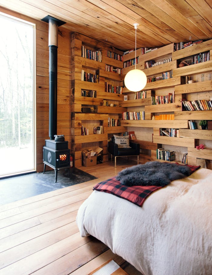 Мужчина построил хижину, заполненную книгами, посреди леса: как она выглядит изнутри