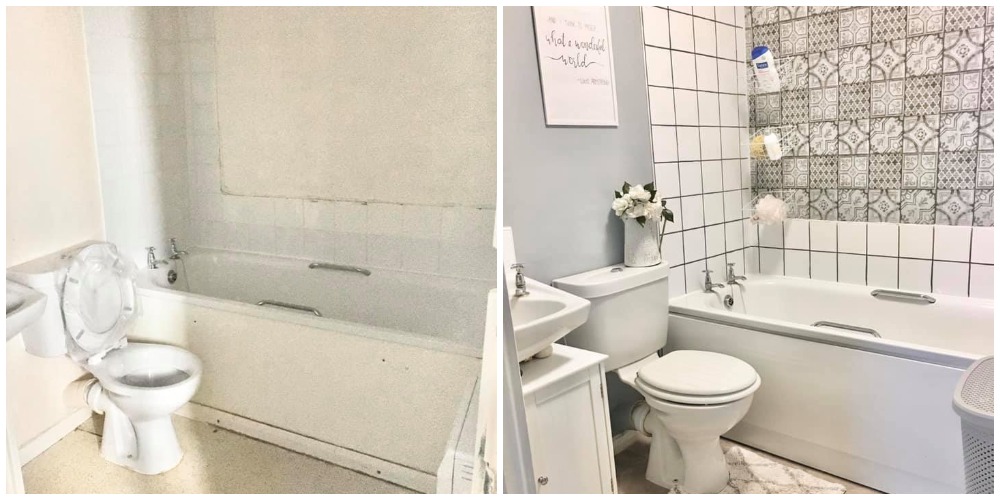 Ванная в съемной квартире выглядела ужасно: женщина взяла виниловую плитку, краску и превратила ее в интерьер из журнала