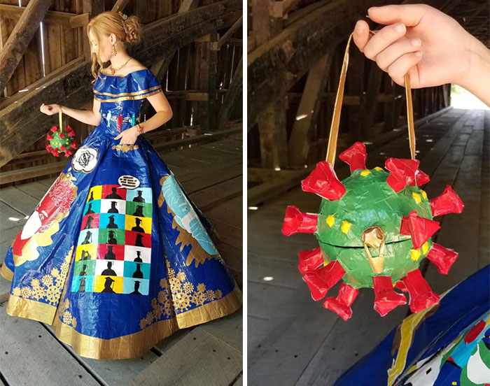 Девушка потратила 400 часов на платье в тематике коронавируса для выпускного вечера, используя 750 метров цветной клейкой ленты