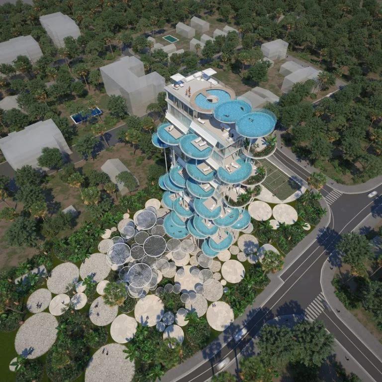 Архитекторы представили проект башни на побережье Кипра с парой десятков круглых бассейнов балконов: и на море ходить не надо