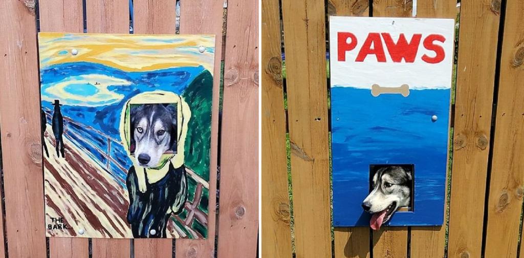 Владельцы каждый раз рисуют новые плакаты для отверстия в заборе, которое они сделали для своих собак. Соседям нравится