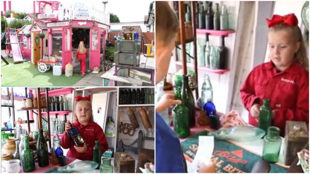 7-летняя девочка зарабатывает неплохие деньги, продавая антикварные бутылки в своем розовом мини-маркете: посуда датируется 1870-1930 годами