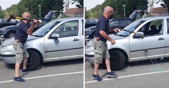 Мужчина разбил окно машины, чтобы спасти запертую в машине собаку  