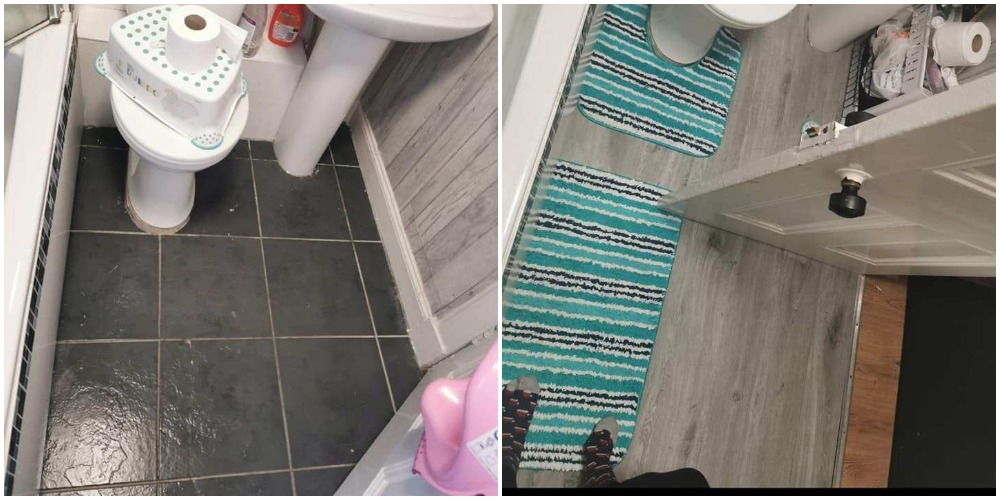 Женщина взяла самоклеящуюся пленку и сделала красивый пол в маленькой ванной. Получилось отлично (фото до и после)