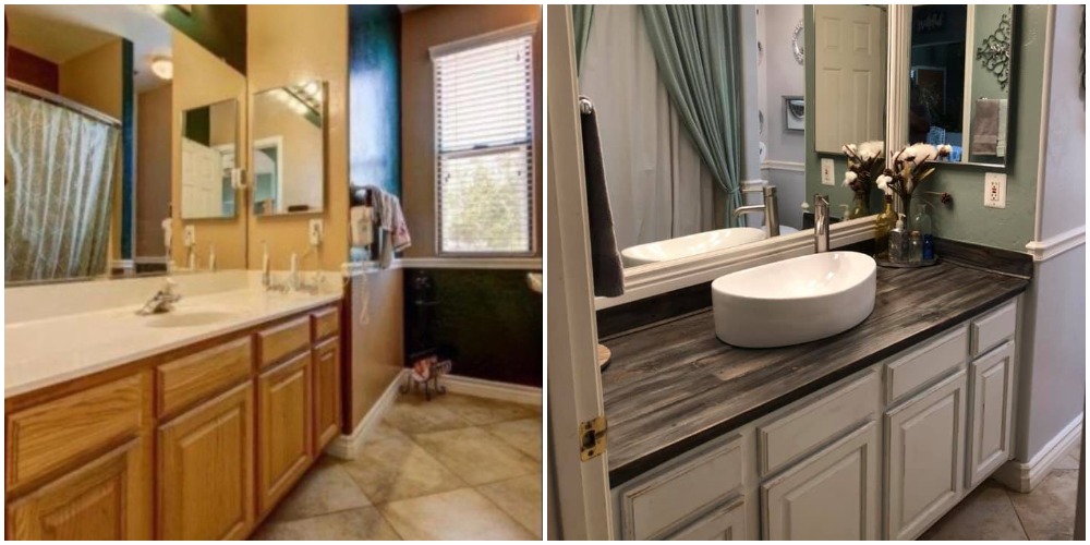 У женщины не было денег на ремонт ванной, тогда она взяла простыни и краску. Даже спустя 4 года комната выглядит потрясающее (фото до и после)