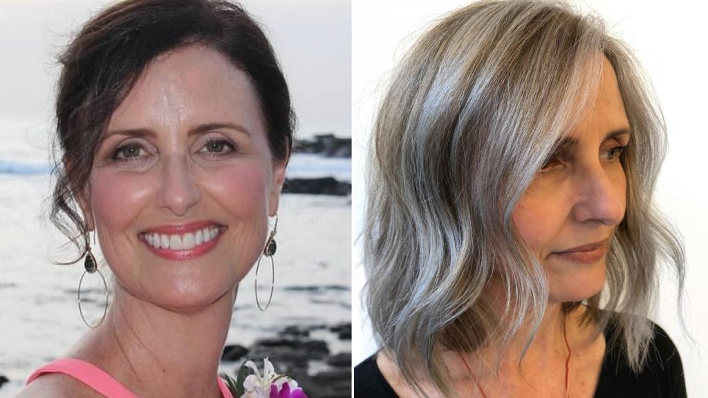 Переход  к натуральным седым волосам занял у женщины почти год. Фото до и после